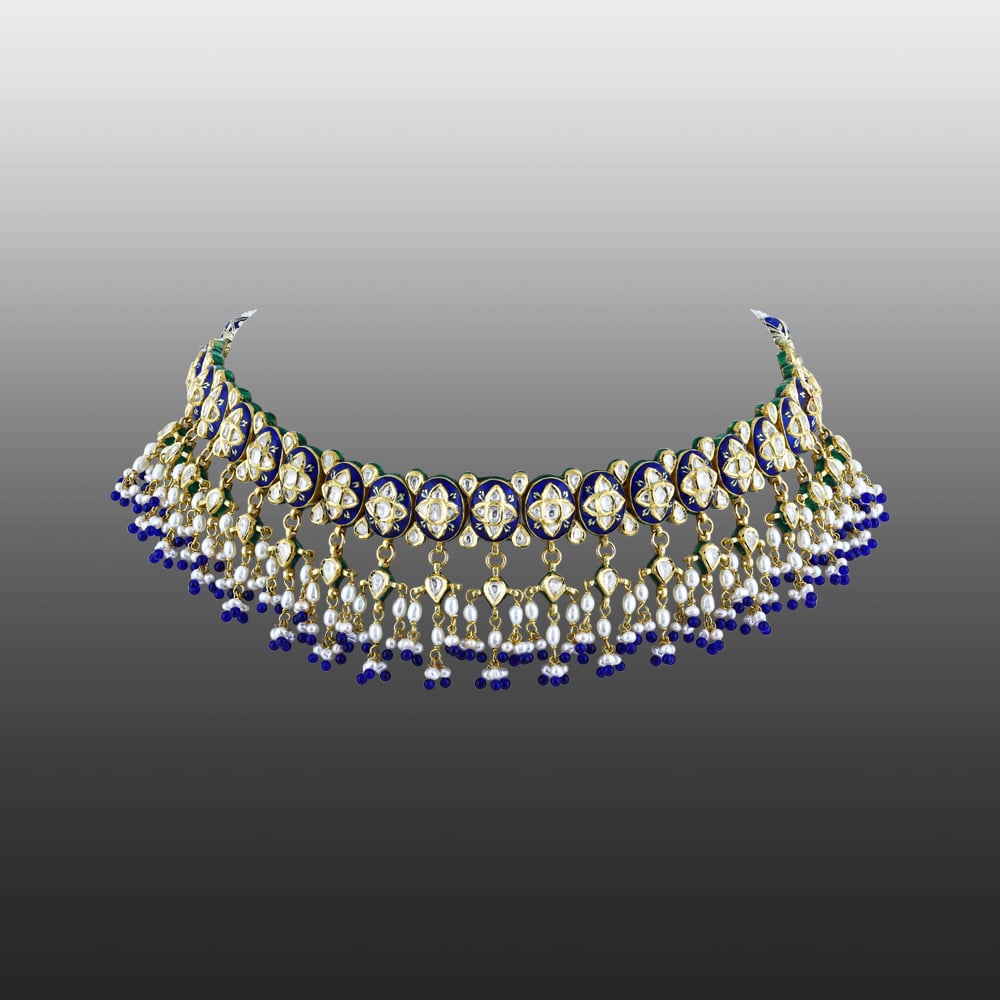 Polki Choker with Enamel, Pearl Bunches, and Blue Bead Accents